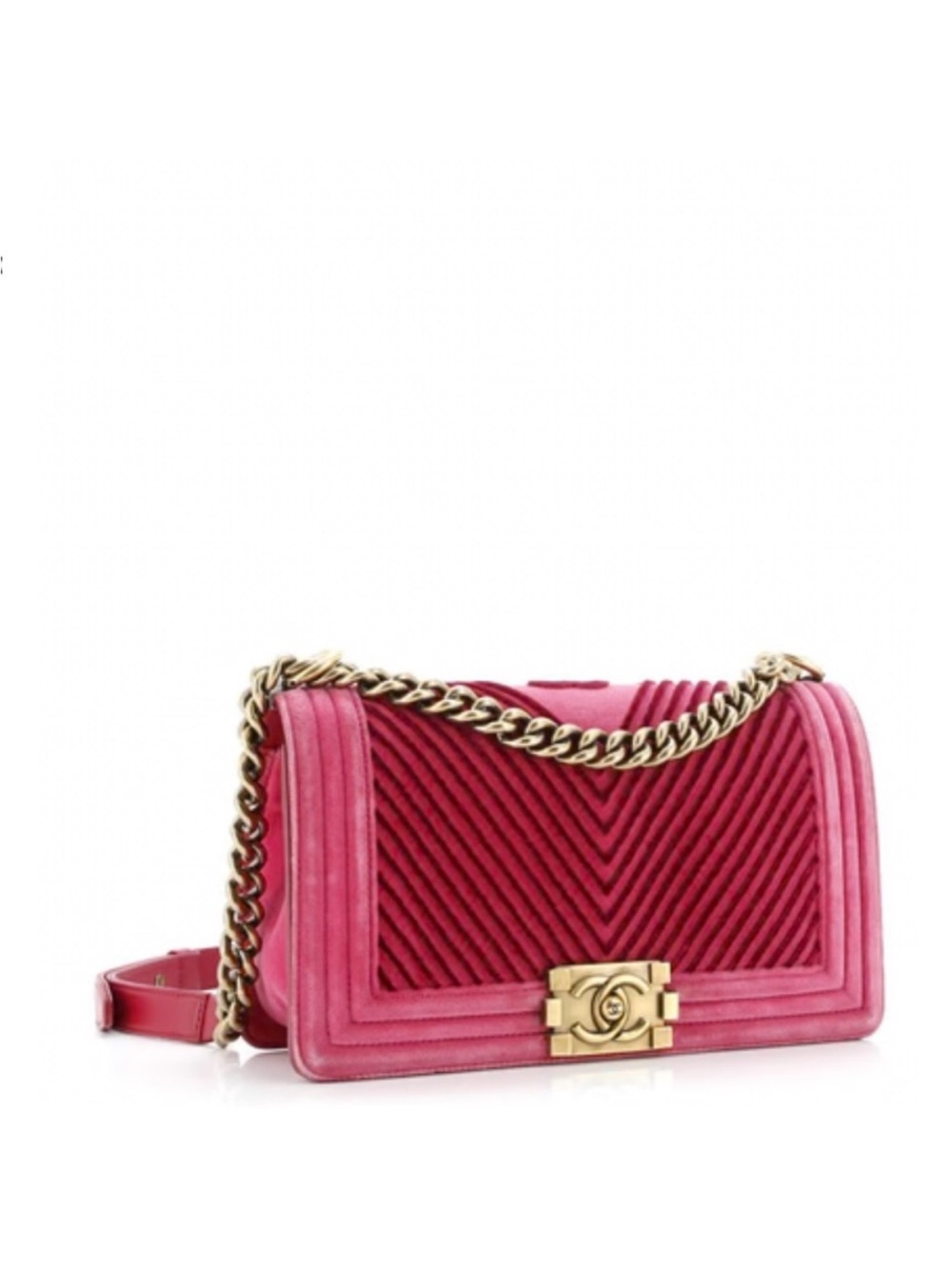 Chanel Boy Flap Bag in pink velvet with chevron quilting and gold-tone hardware.